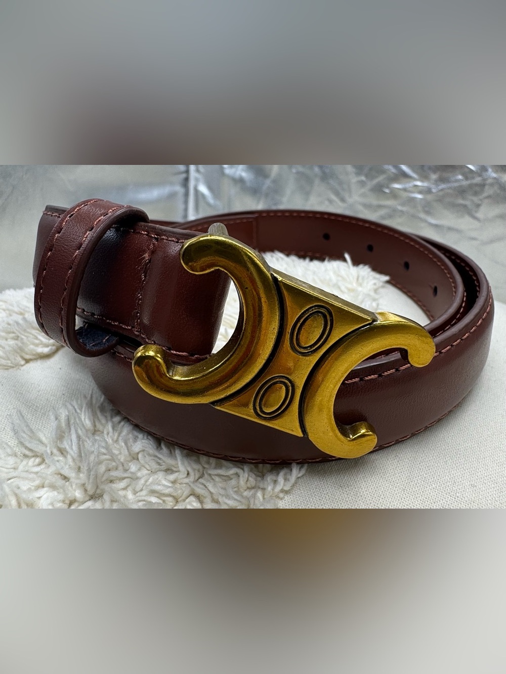 New Brown Faux Leather Belt Gold Statement Buckle